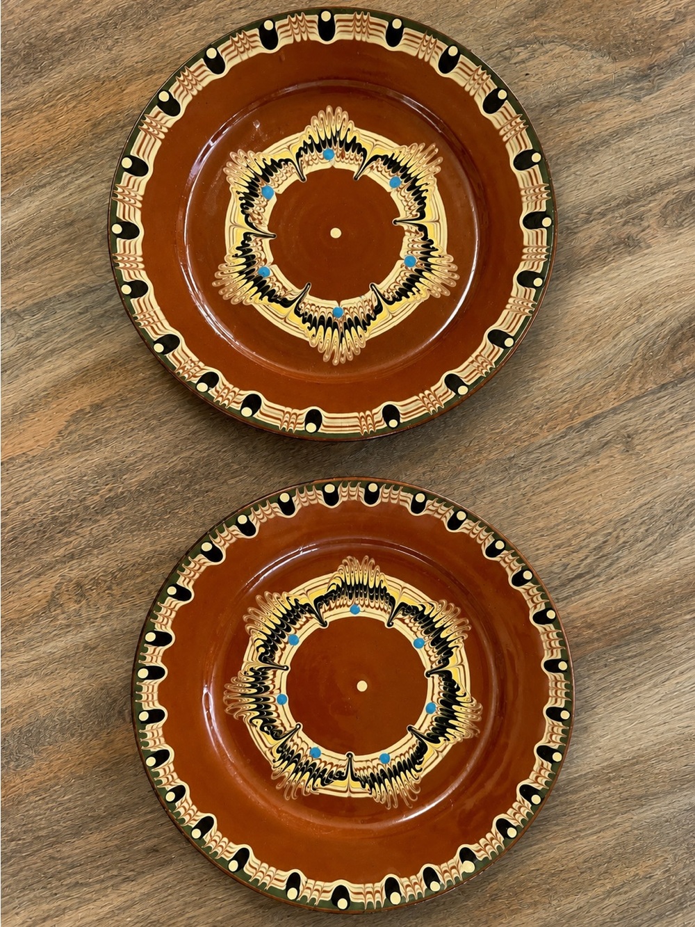 Vintage Bulgarian Troyan Redware Pottery Plates Pair Peacock Eye Folk Art